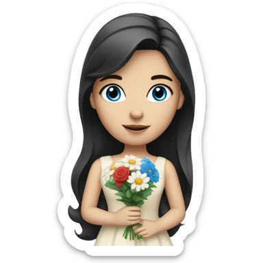 European Girl with dark hair and blue eyes with bouquet  sticker
