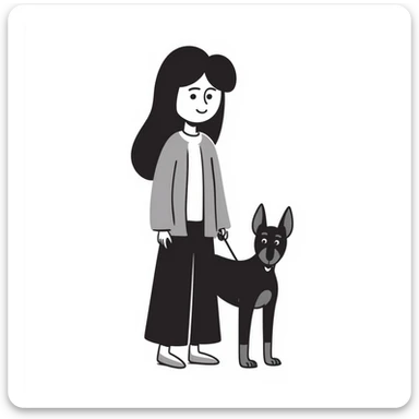 A long black hair Asian girl with a Doberman sticker