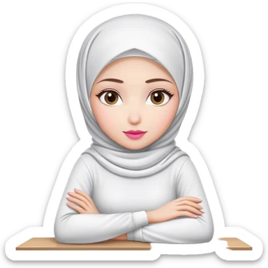white hijab women are listening with her hands folded on the table. Her outfit is white. Her lips color is pink. sticker