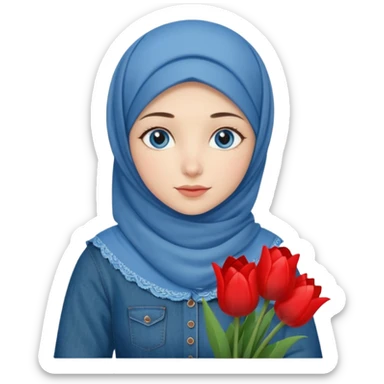Turkish beautiful finish Konya girl blue eyes with denim hijab islamic dress and had on her hand red tulips  sticker