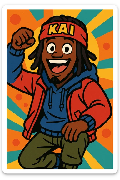 Kai Cenat, energetic streamer, expressive face, signature headband, casual streetwear, vibrant background, cartoon style sticker