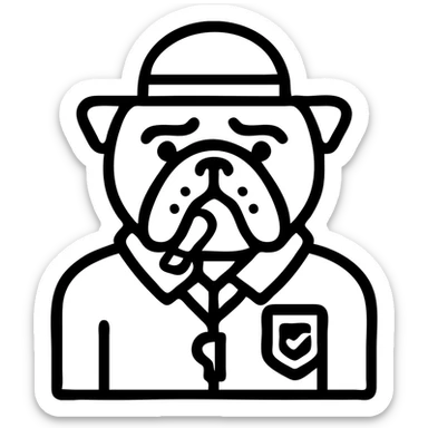 English bulldog dressed as a tour guide, icon style, with a whistle and a badge sticker