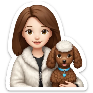 A white smiling girl with a long brown straight(middle part) hair and wearing a fur white jacket holds a brown poodle sticker
