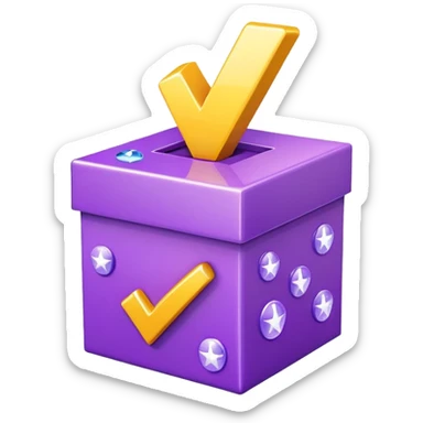 3D emoji of a box with checkmark and sparkles, completed task symbol, in friendly cartoonish purple style sticker