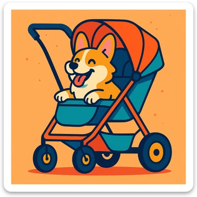 a happy corgi in a modern dog stroller, cartoon style, vibrant colors sticker