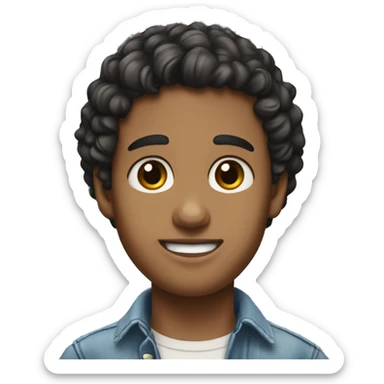 young white adult, with black curly hair and brown eyes, denim dress blouse, silver earring in his left ear, and a mole on his left cheek. sticker