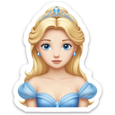 Cinematic Realistic Cute Cinderella Portrait, featuring fair, luminous skin with finely detailed texture and softly lit golden-blonde hair cascading in gentle waves. Her warm, inviting blue eyes sparkle with youthful charm and curiosity, while her classic, elegantly draped ball gown reveals meticulously rendered fabric details and natural folds. The overall composition is bathed in a gentle, realistic radiance that exudes both playfulness and heartfelt beauty. sticker