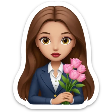 corporate pretty bratz baddie, long brown hair holding flowers sticker