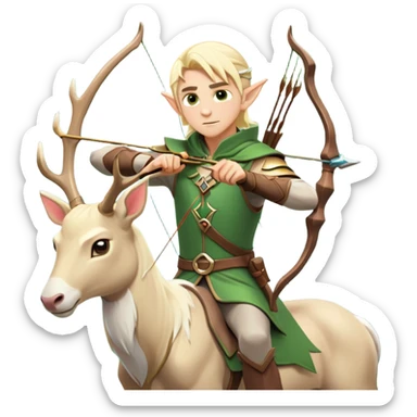 clash-of-clans-aesthetic-blond-male elf-archer-portrait-emoji, rendered in a flat, vector-style with minimal shading and bold holding his bow, simplified shapes, head tilted slightly forward with a determined, focused expression, riding a majestic white stag whose antlers glow with mystical energy, set against an ancient, enchanted forest backdrop. sticker