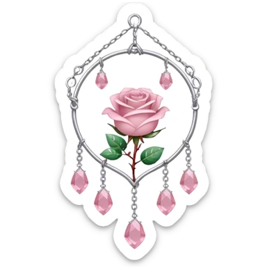 Rose-pink-metal-chained rose-quartz-crystallic romantic delicate fine pretty suncatcher  with tiny red roses, silvery vines, tiny quartz crystals sticker