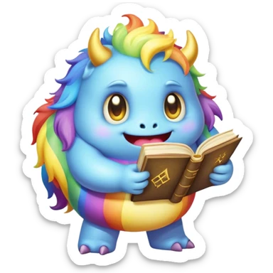 Kawaii derpy fat rainbow monster with magic spell book, rich textures, visually rich, so lifelike that it feels like it could leap off the page at any moment sticker