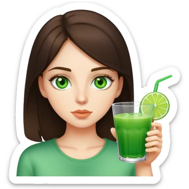 brunette girl with green eyes drinks green drink sticker