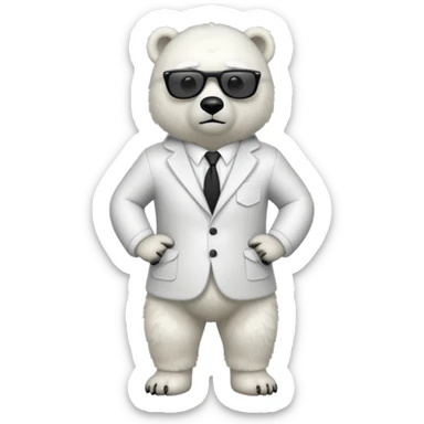 Make a humanoid polar bear with a secret agent outfit and dark black glasses sticker