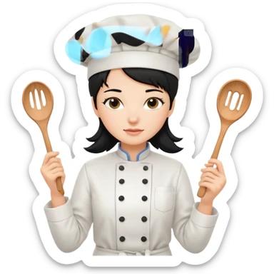 조리도구 든 대사관하얀 검정머리 여자요리사 sticker