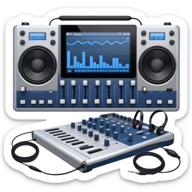 Create a professional and technical emoji that represents sound engineering. The design should feature a sound mixing console with faders, a pair of studio headphones, and audio waveforms to symbolize the precision and technicality of sound mixing and mastering. Include elements like a microphone or audio cables to reflect the recording aspect. Use colors like silver, black, and dark blue to represent the technical, yet artistic side of sound engineering. The background should be transparent. sticker