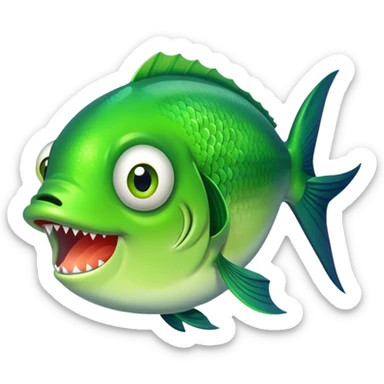 super derpy bright green fish shown from side profile facing right, but with both bulging eyes comically looking at viewer, buck teeth, drooling mouth, flat 2D side view only sticker