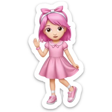 A girl wear a a pink pink dress and pink wacth and a pink hairband and a white shoes sticker