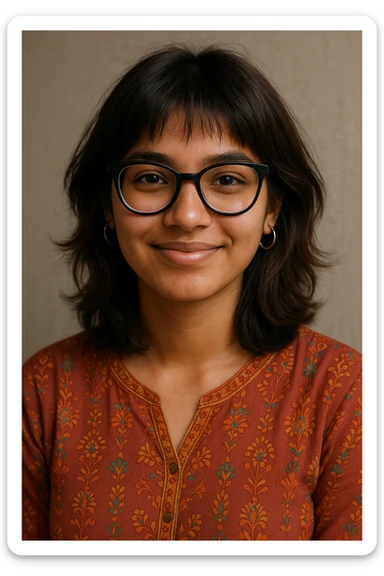 portrait of a 19-year-old girl with tan skin, shoulder-length wolfcut hair dark brown with slightly hazel highlights, wearing black bowline spectacles, silver hoop earrings, and a kurti, friendly expression sticker