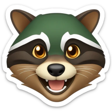 brown raccoon with orange eyes and a dark green hood that is laughing sticker