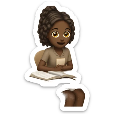 A girl at a table with a laptop. A a cup of coffee on the left side of the table. Books on the right side of the table. in beige tones sticker