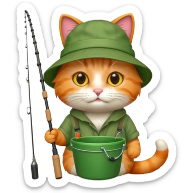 cat holding fishing rod with bucket hat green sticker