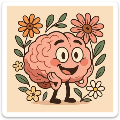 cartoon style, smiling brain surrounded by flowers, positive atmosphere, mental health sticker