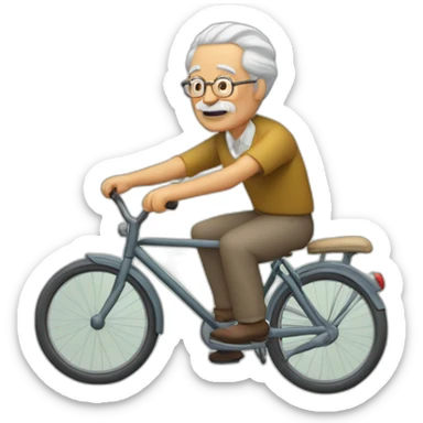 Abuelo sin barba con boina en la cabeza pedaleando con una bicicleta antigua de paseo con cara de cansado. sticker