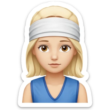 A 3D avatar of a blonde woman, who has brown eyes, is wearing a blue vest and a white headband on her head. She is looking straight at the camera. sticker