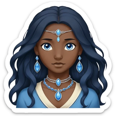 katara avatar native with blue eyes, dark skin, long wavy dark black hair, sapphire on choker necklace  sticker