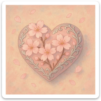 heart with sakura and silver accents, ghibli style sticker