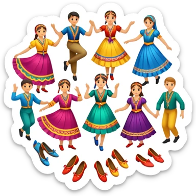 Icon for Folk Dance: close-up traditional dance dress, shoes, colorful folk costumes and a dance circle with ribbons. The icon should represent the vibrant and cultural aspects of folk dancing. Transparent background. sticker