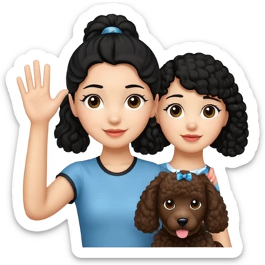 Ponytail black hair girl with brown Poodle say goodbye  sticker