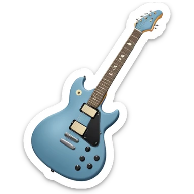 A gray-blue electric guitar with a black pick guard and only one volume knob, make the head tan sticker