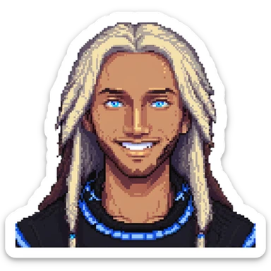 A cool guy with light skin, blue eyes, long hair, smiling sticker
