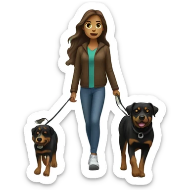 A woman with long brown hair and light Skin takes a Rottweiler for a walk  sticker