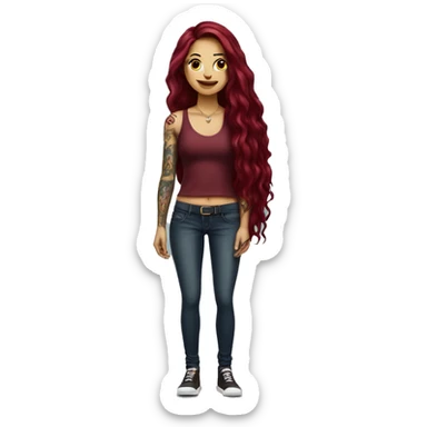 Beautiful tattooed burgundy long haired woman standing next to a car sticker
