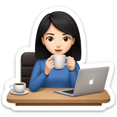 laptop and coffee are on the table. coffee is not on the laptop. the girl with medium-length black hair is drinking coffee. sticker