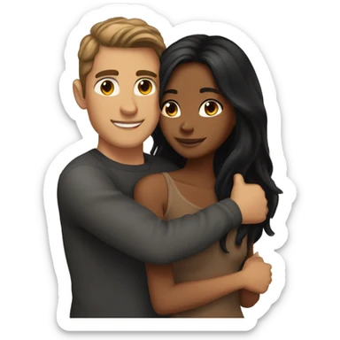tan skin, Black long hair girl hugging with a fair skin man with brown hair on top sticker