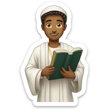 A young man wearing an Arabic robe and holding a Holy Quran sticker