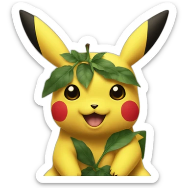 pikachu with tattoo of four black leafs without textures in an invisible square pointing into corners on forehead. leafs being black without texture sticker