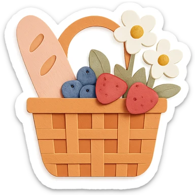 a picnic basket with berries, bread, and flowers, warm pastel shades, paper craft style sticker