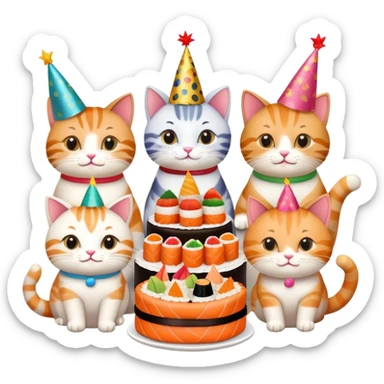 six cats celebrating one cat's birthday party, all cats holding pieces of sushi, birthday cake, party hats, and decorations sticker