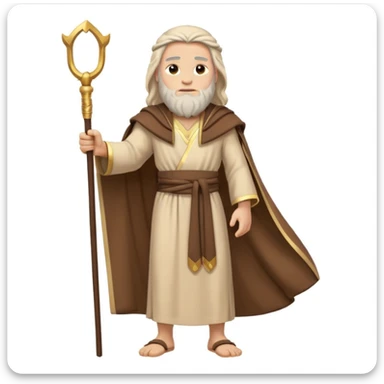 Moses standing with his rod, dramatic pose, ancient robes, desert background, emoji style sticker