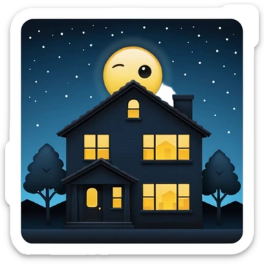 Minimalist emoji-style sticker of a house silhouette at night with a single lit window, and an eye visible inside. Flat, dark, quiet style.
 sticker