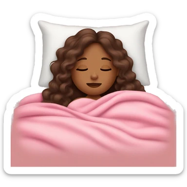 Brown girl with long  curly hair resting in bed with eyes closed pink blankets head on arm sticker
