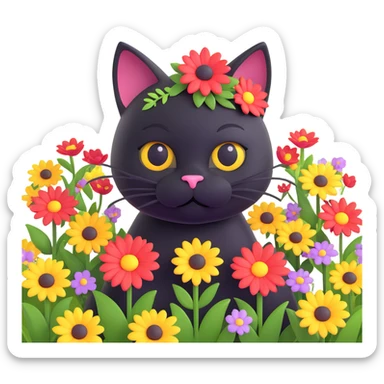A black cat with a flower on its head in a field of flowers sticker