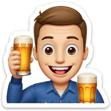 cartoon man with a big smile, crossed eyes, tongue out, holding beer sticker