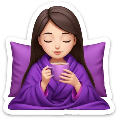 girl brunette inside a violet blanket sipping coffee from pink mug eyes closed sticker