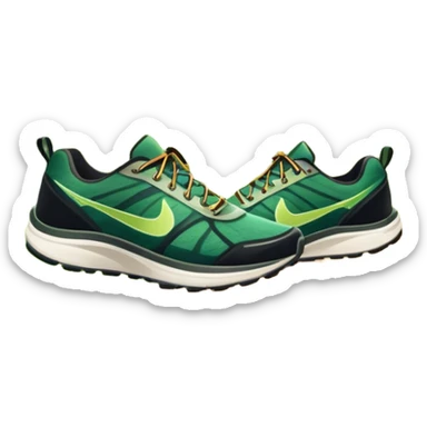 A dynamic icon featuring a pair of running shoes in motion on a scenic trail, surrounded by trees and mountains. The background shows a sunrise, symbolizing energy and passion for running. Transparent background enhances the focus on movement and the joy of outdoor jogging. sticker