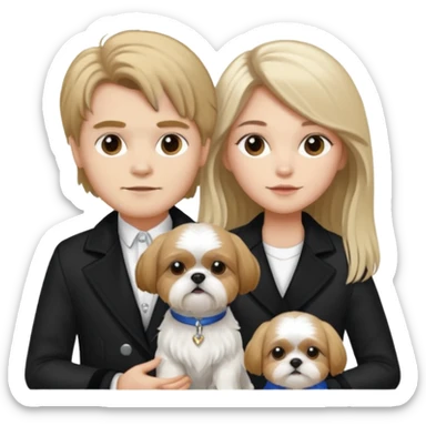 A couple boy with nice hair  and beautiful girl with long dark blond hair and with two shih tzu dogs with  black and white coat sticker